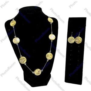 Vintage Round Shell Drizzled Necklace Earring Set Gold Tone Yellow 10" Drop